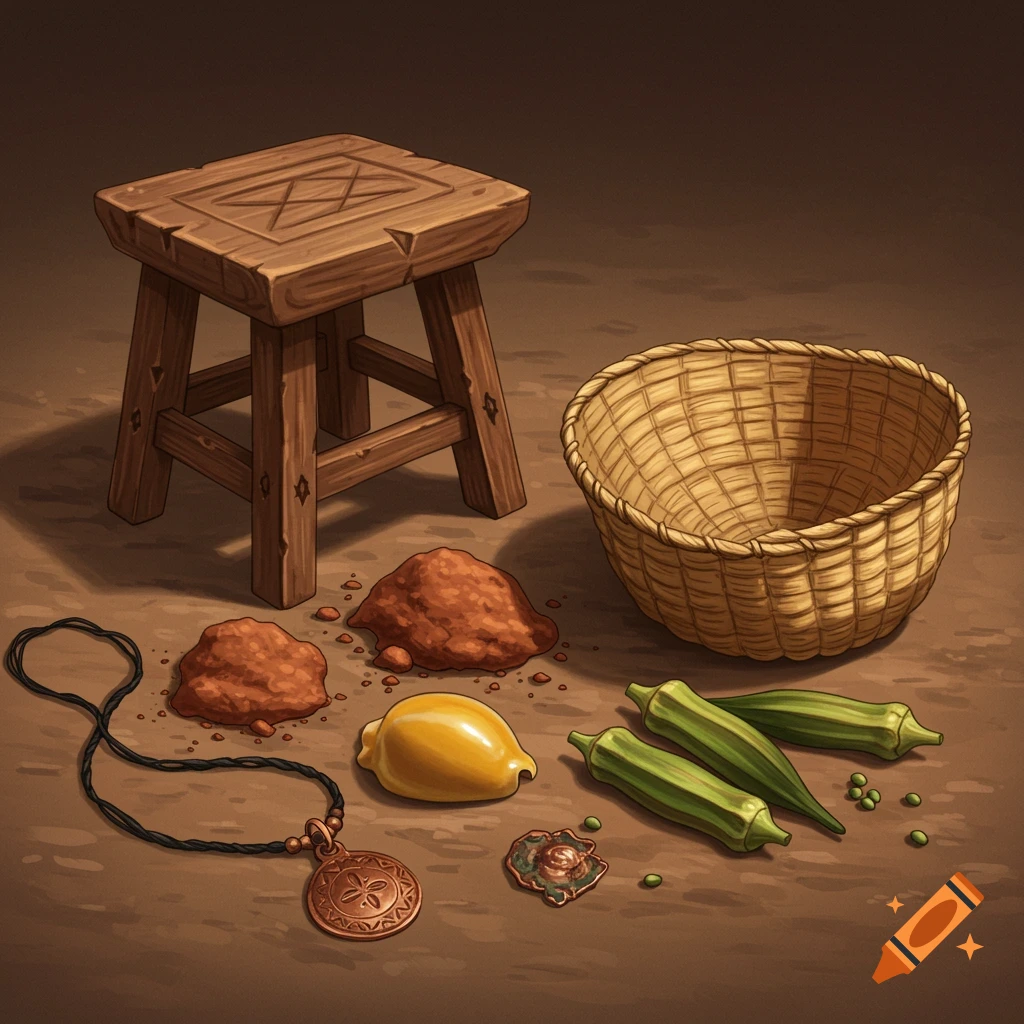 A wooden stool, basket, okra, earth, shell, and pendant are on the ground.