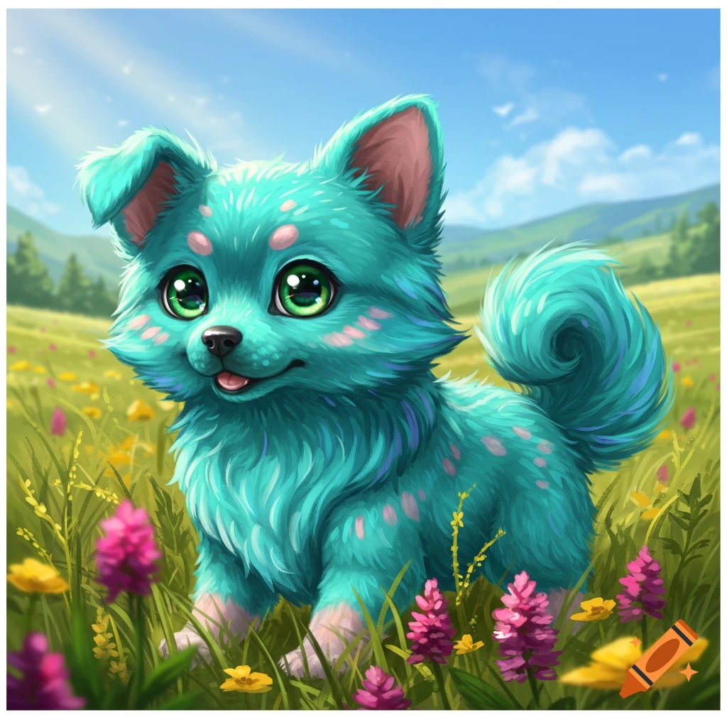 A teal fantasy puppy with pink spots and green eyes sits in a field of wildflowers.