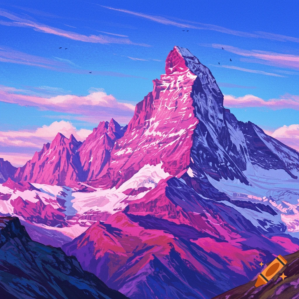 A large mountain peak bathed in pink and purple light under a vibrant blue sky with scattered clouds.