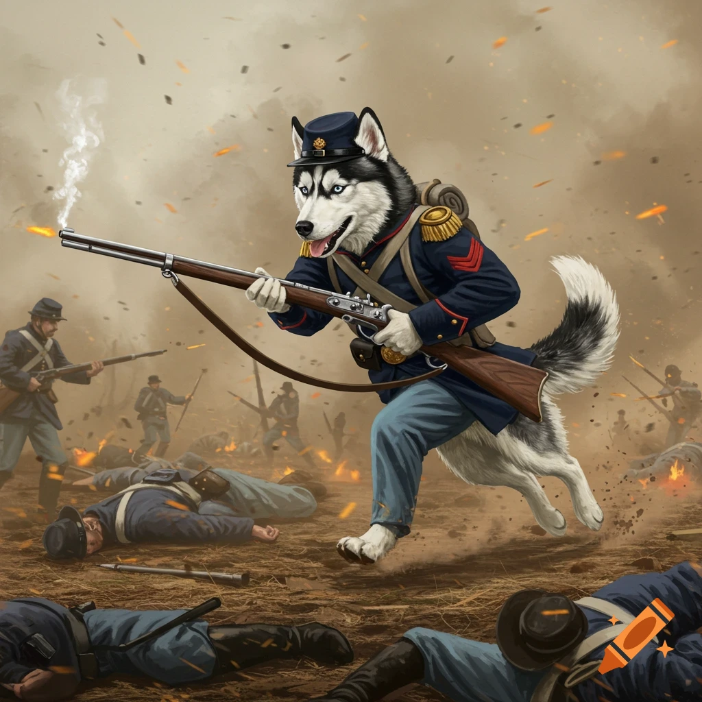 A husky dressed as a Union soldier runs with a rifle through a battlefield.