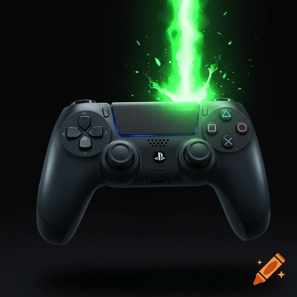 PlayStation controller with a green beam shooting upwards.
