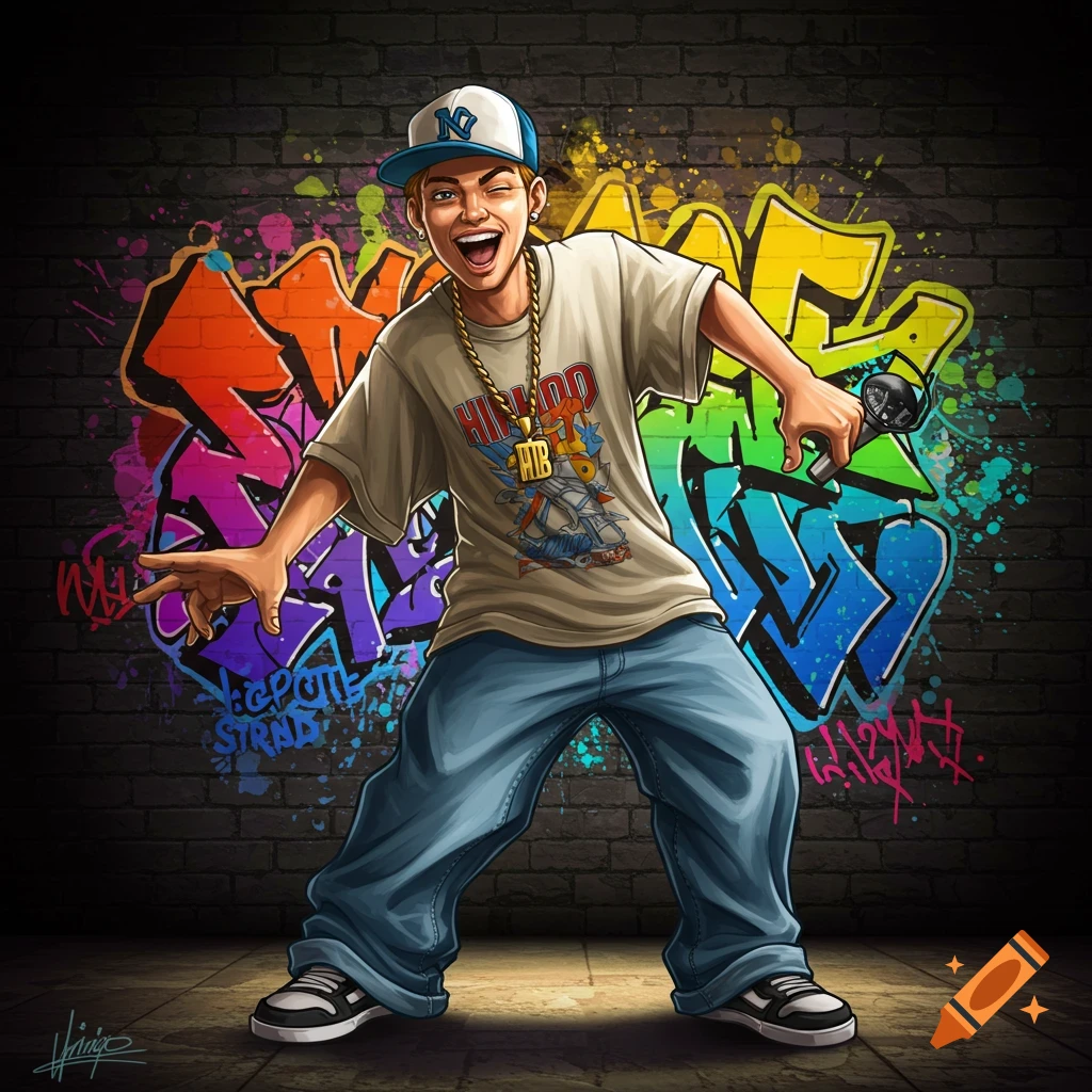 Illustration of a young man in hip hop clothes posing with a microphone in front of graffiti.