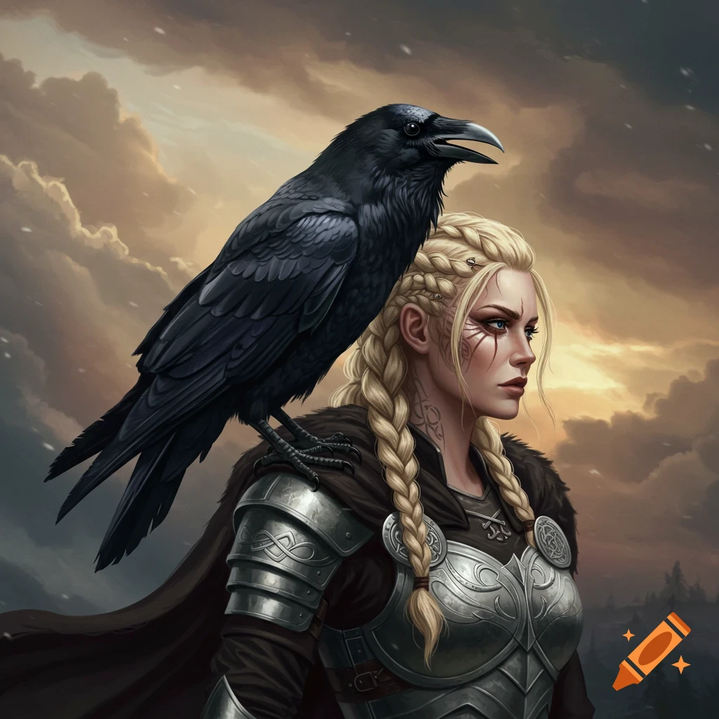 A valkyrie with a raven on her shoulder is shown under a dramatic cloudy sky.