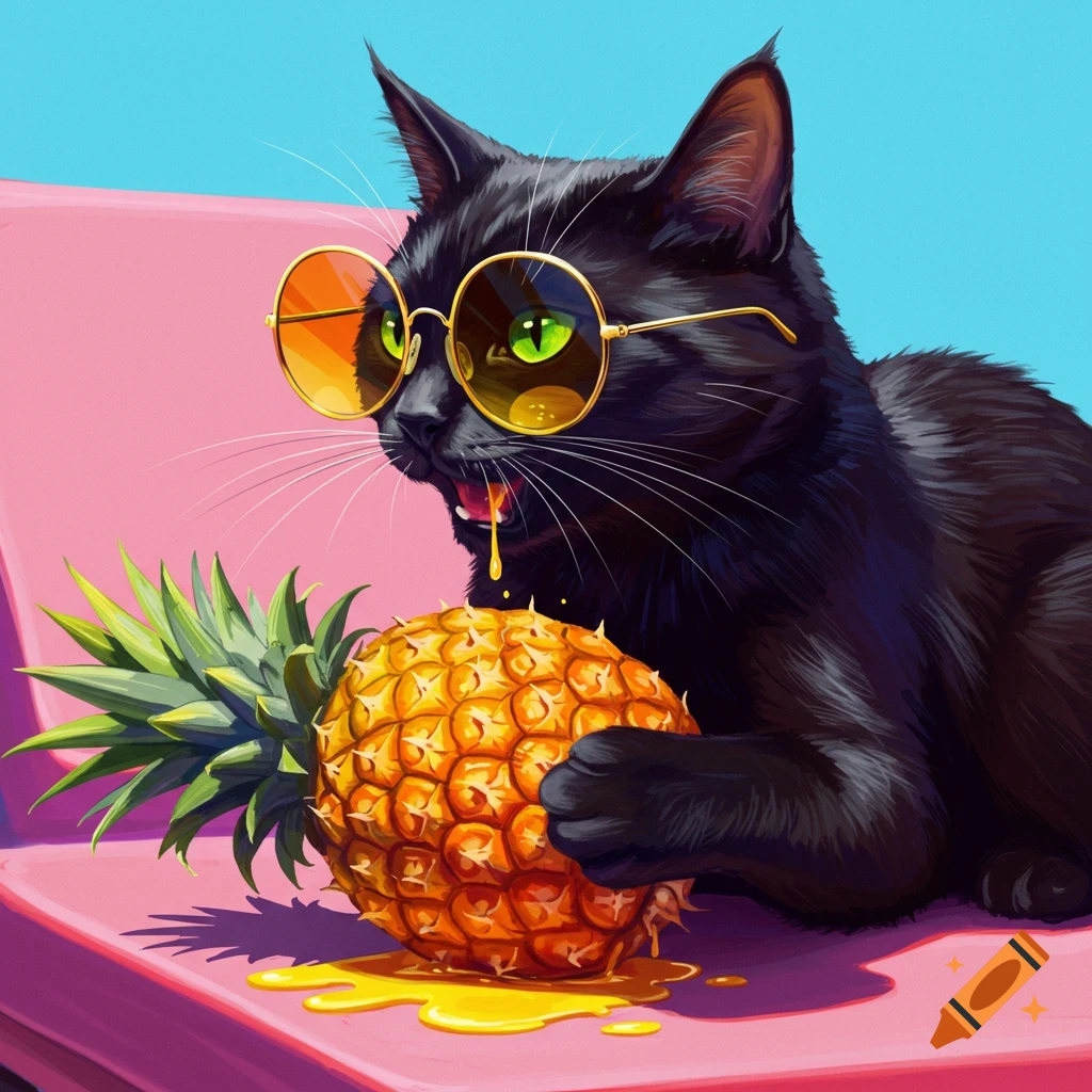A black cat wearing sunglasses eats a pineapple