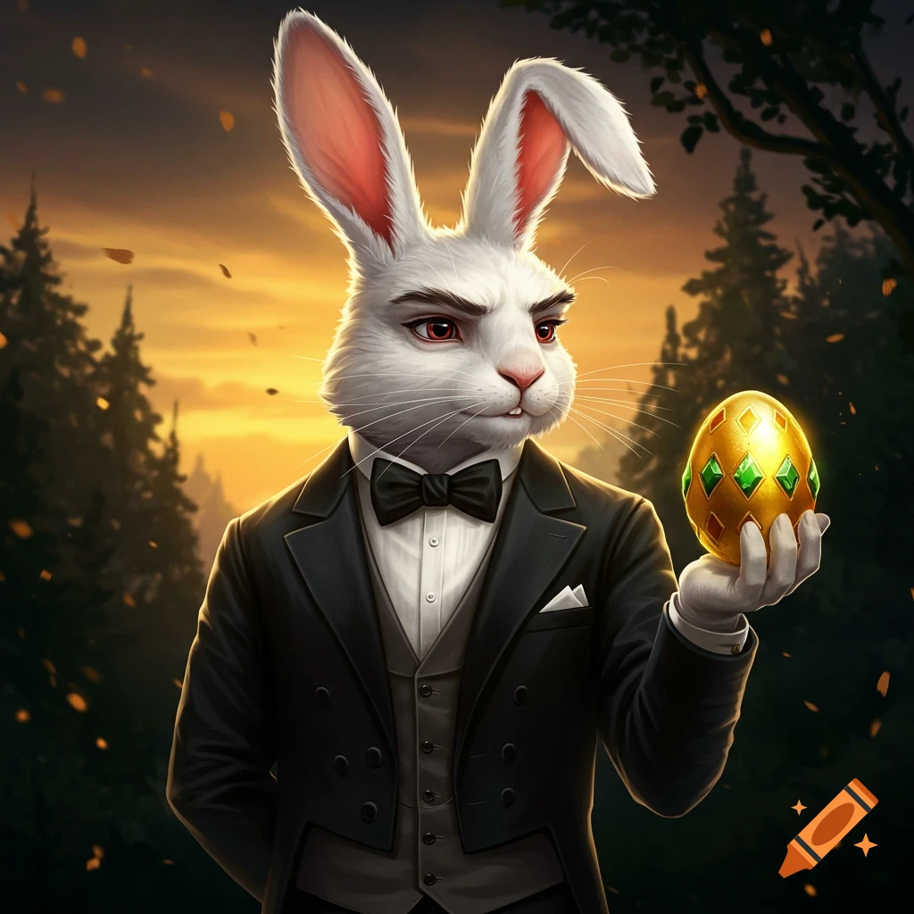An anthropomorphic white rabbit in a black tuxedo holds a golden jeweled Easter egg in a forest at sunset.
