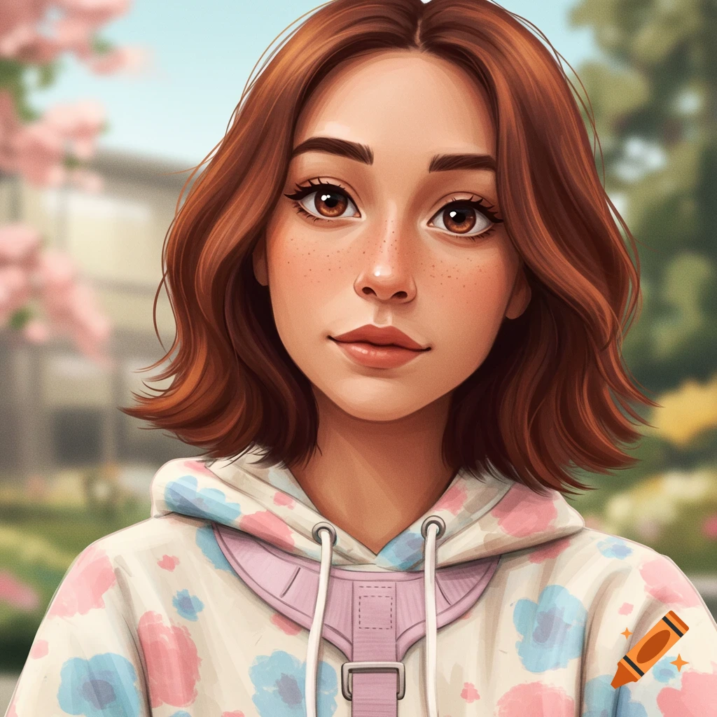 A young woman with brown hair and freckles wears a floral hoodie.