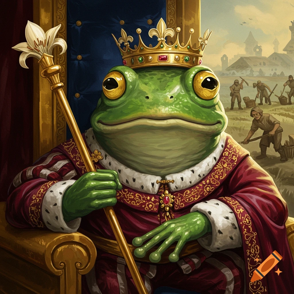 A frog king on a throne holds a staff and looks at peasants.