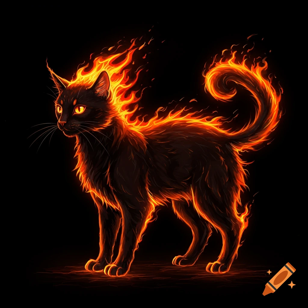 A black cat outlined by flames on a black background.