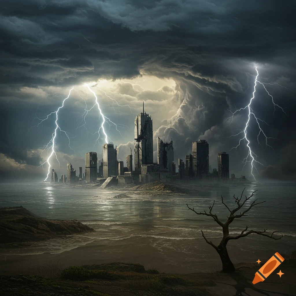A ruined city under a stormy sky with lightning strikes.