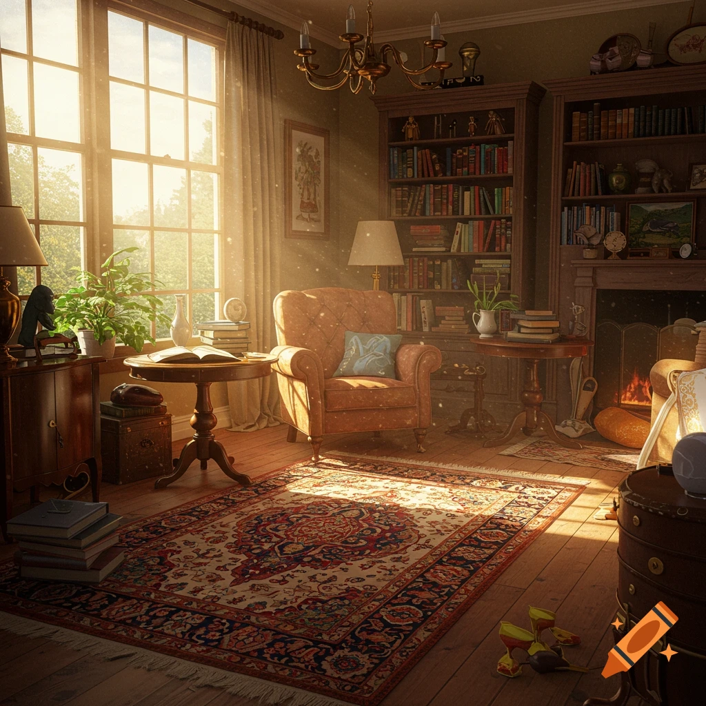 A sunlit room with bookshelves, a cozy chair, and a fireplace.