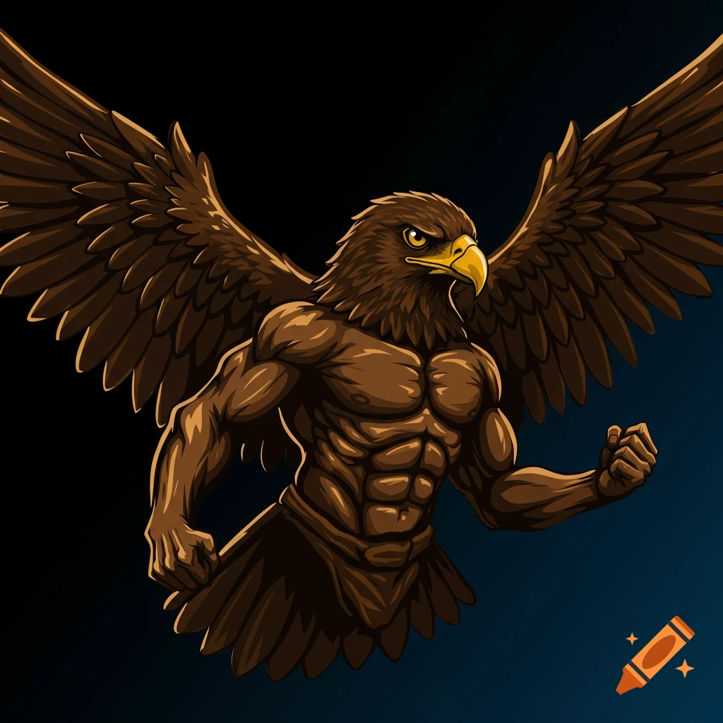 Vector graphic of a muscular eagle man with outstretched wings