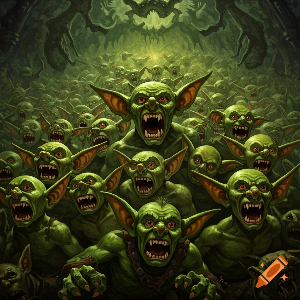 A vast horde of screaming green goblins in a dark cave.