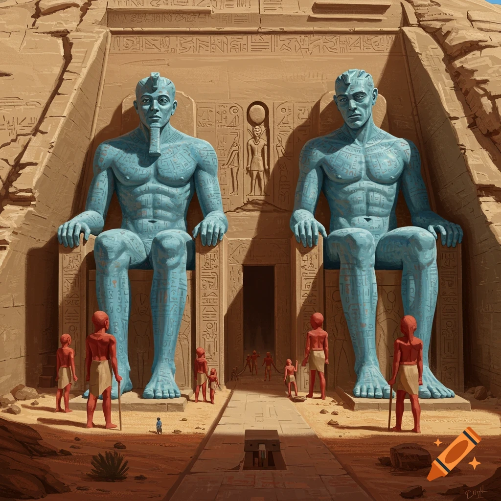 Large blue statues and smaller red figures stand before a desert temple.