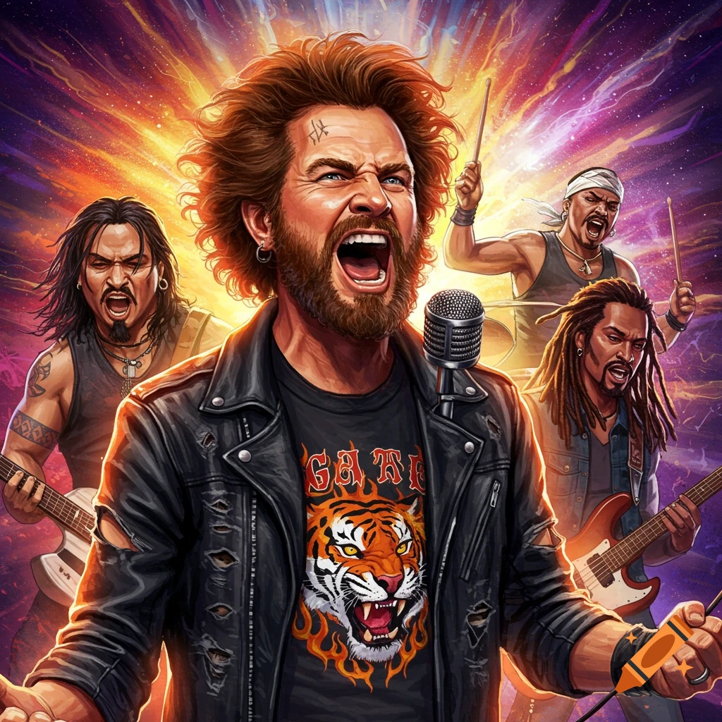 A rock band performs on stage with bright lights.