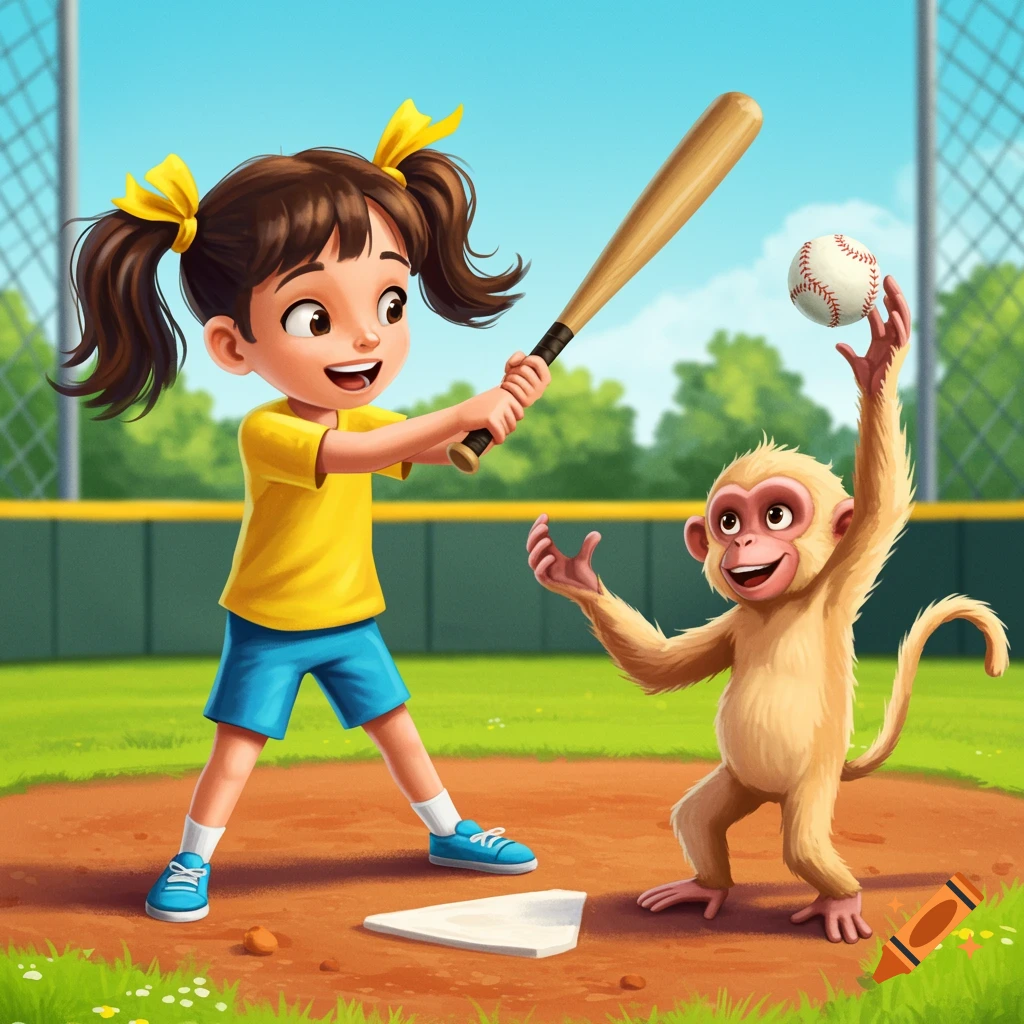 Cartoon of a girl swinging a baseball bat at a monkey holding a baseball on a field.