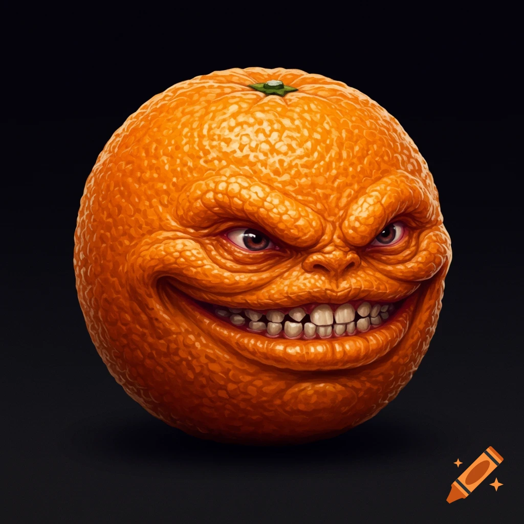 An orange with a creepy, evil face, sharp teeth, and exaggerated smile against a black background.