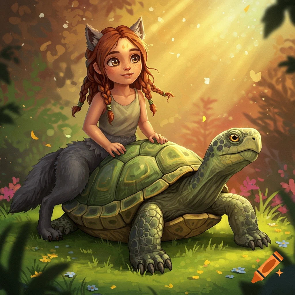 A girl with wolf ears and tail rides a giant turtle in a sunlit forest clearing.