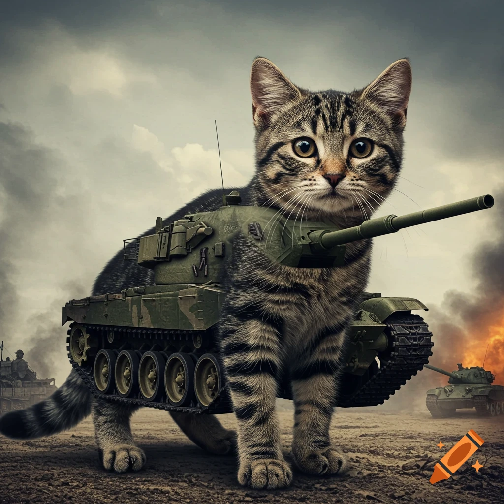A photorealistic image of a tabby cat standing in a warzone, its body integrated with a military tank.
