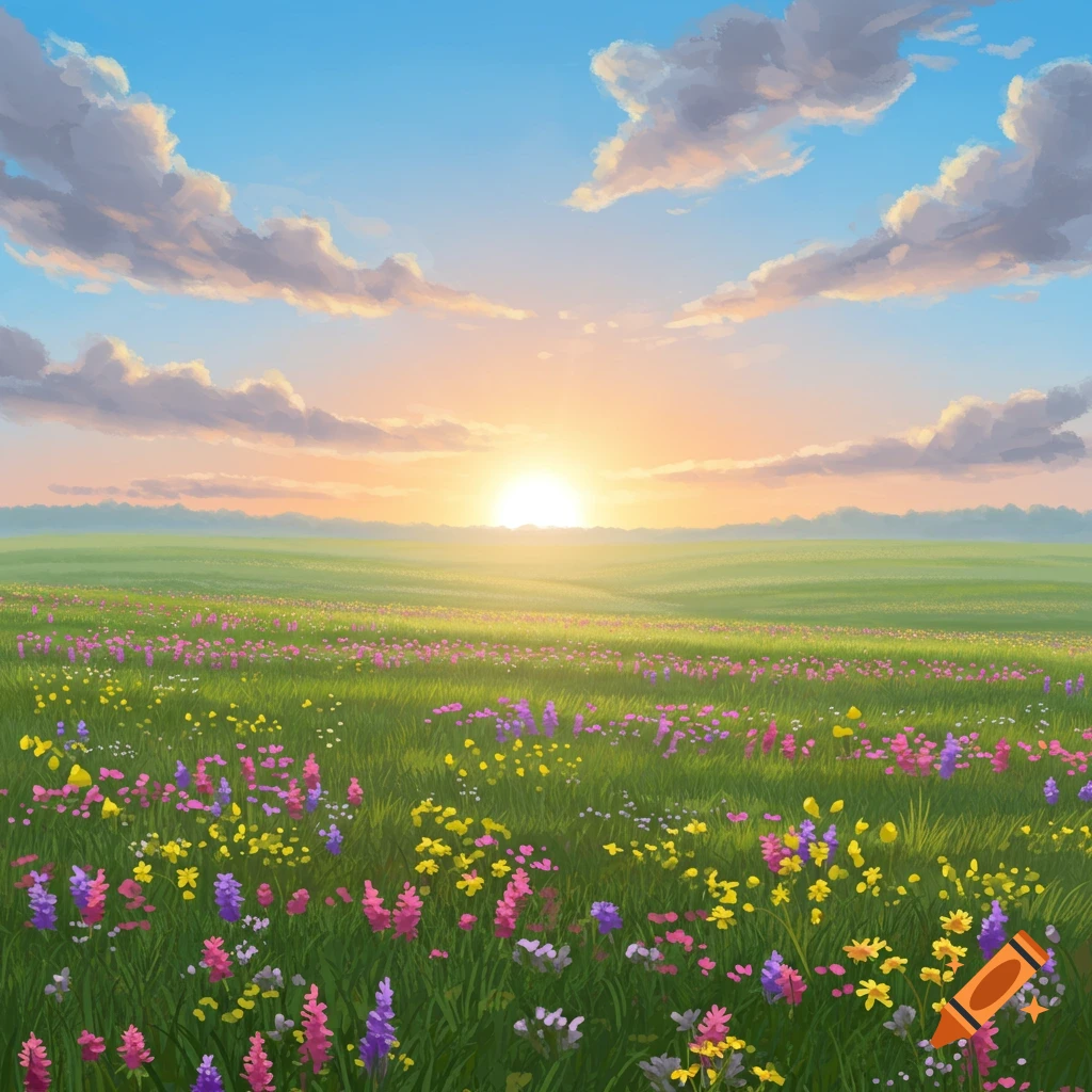 A field of colorful wildflowers under a sunrise sky with clouds.