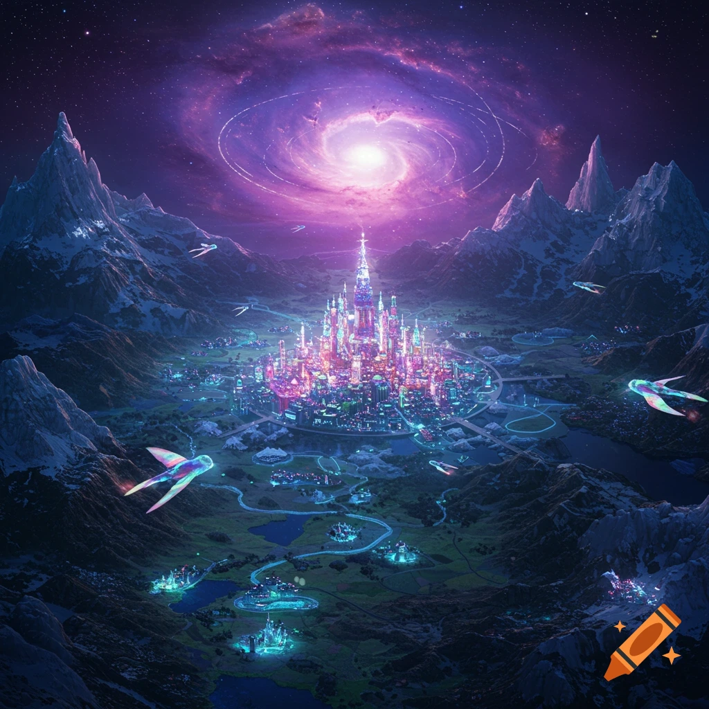A vibrant fantasy city in a mountain valley under a purple cosmic sky with a swirling galaxy and flying vehicles.