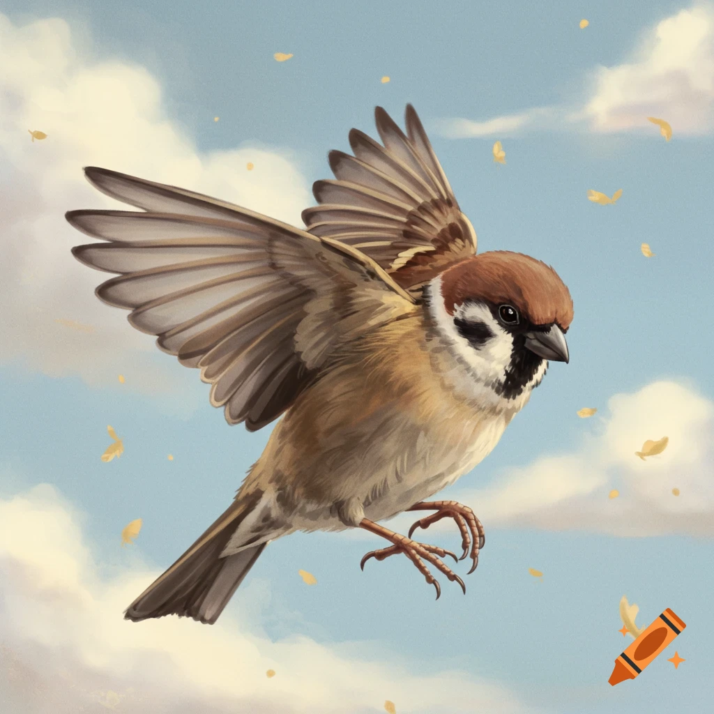 A sparrow flying through a cloudy sky with falling yellow leaves.