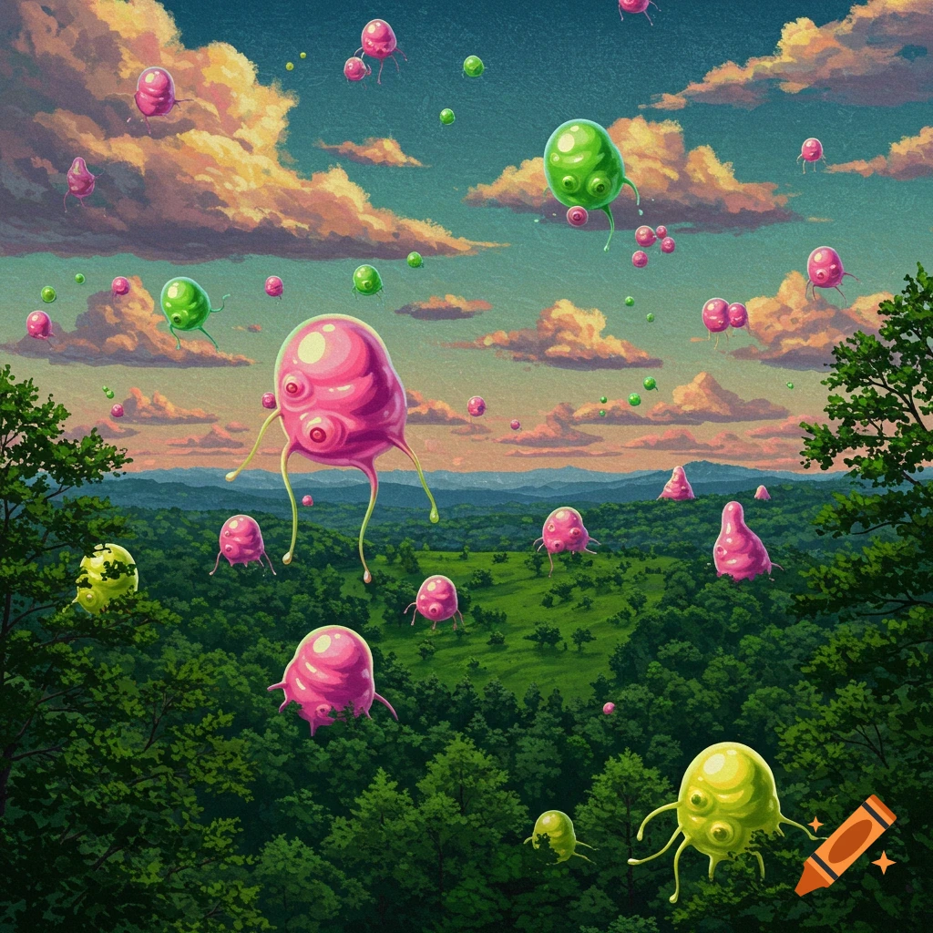 Strange pink and green blob creatures over a green landscape.
