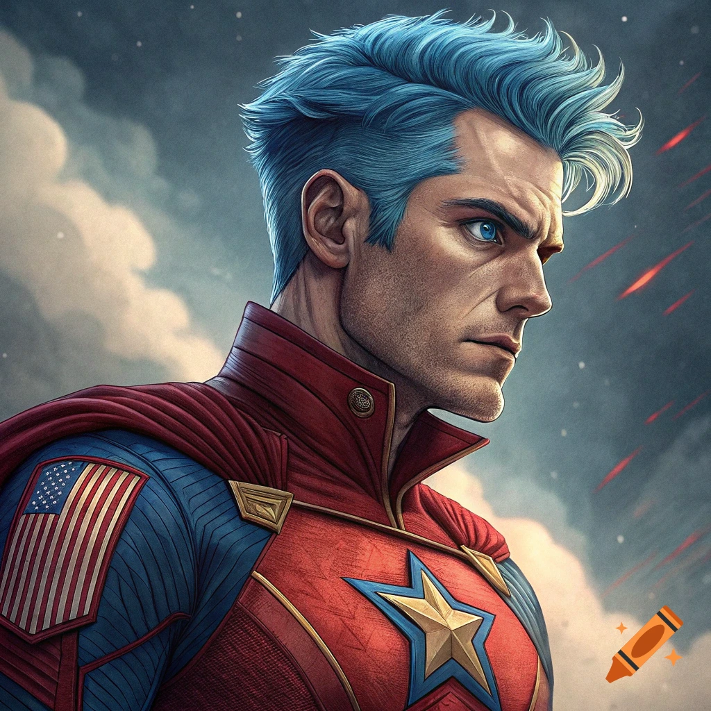 Portrait of a male superhero with blue hair and a patriotic costume, stylized illustration.