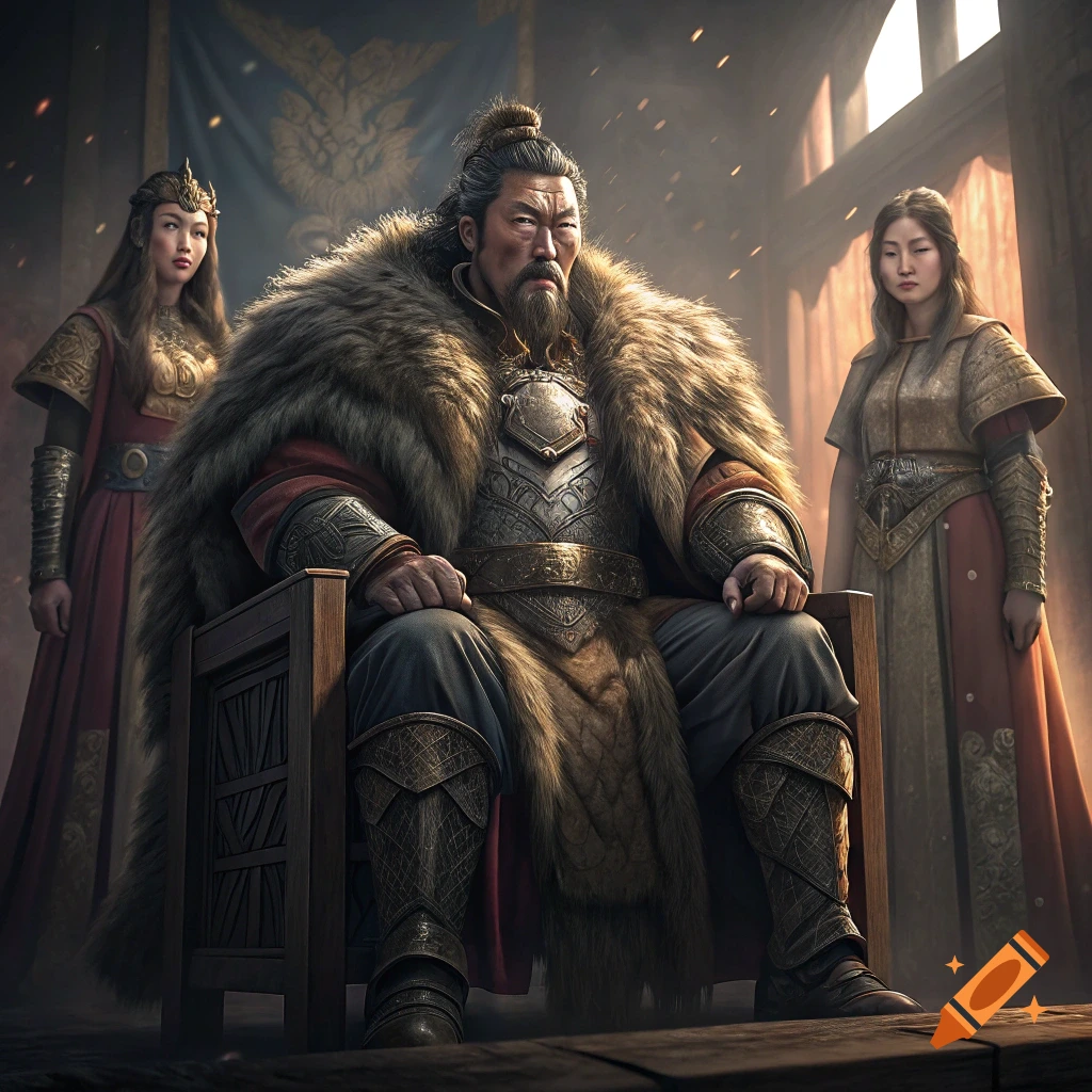 Powerful historical figure in armor on throne with two regal women behind him. Cinematic style.