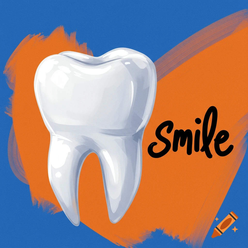 A white tooth is placed on a blue and orange background. The word Smile is written.