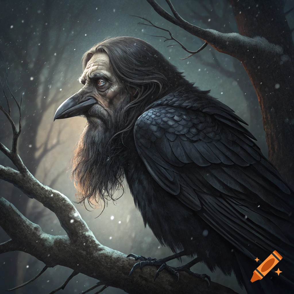 Dark fantasy art of a crow with a man's face and beard perched on a tree branch in a snowy forest.