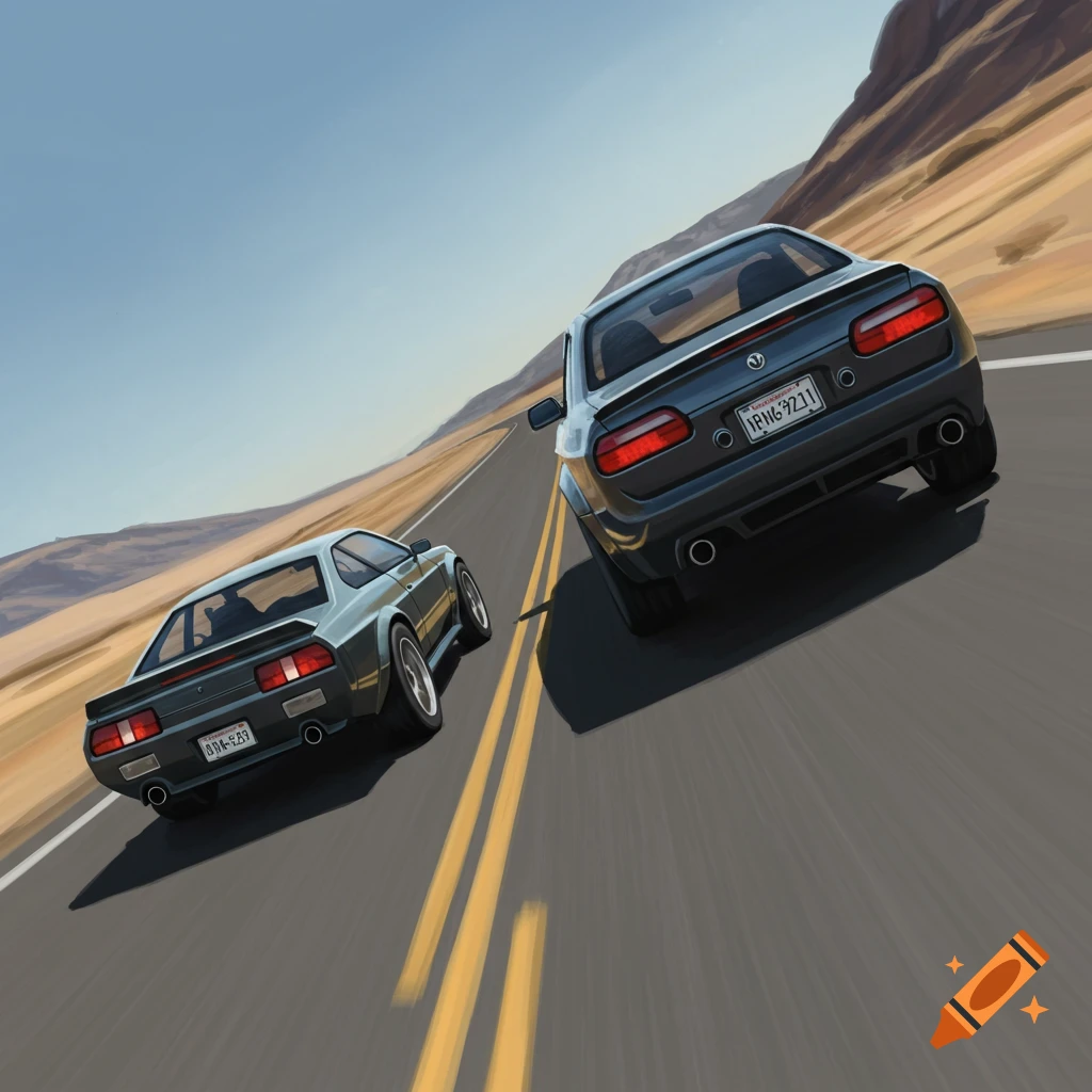 Two cars driving on a road through a desert landscape.