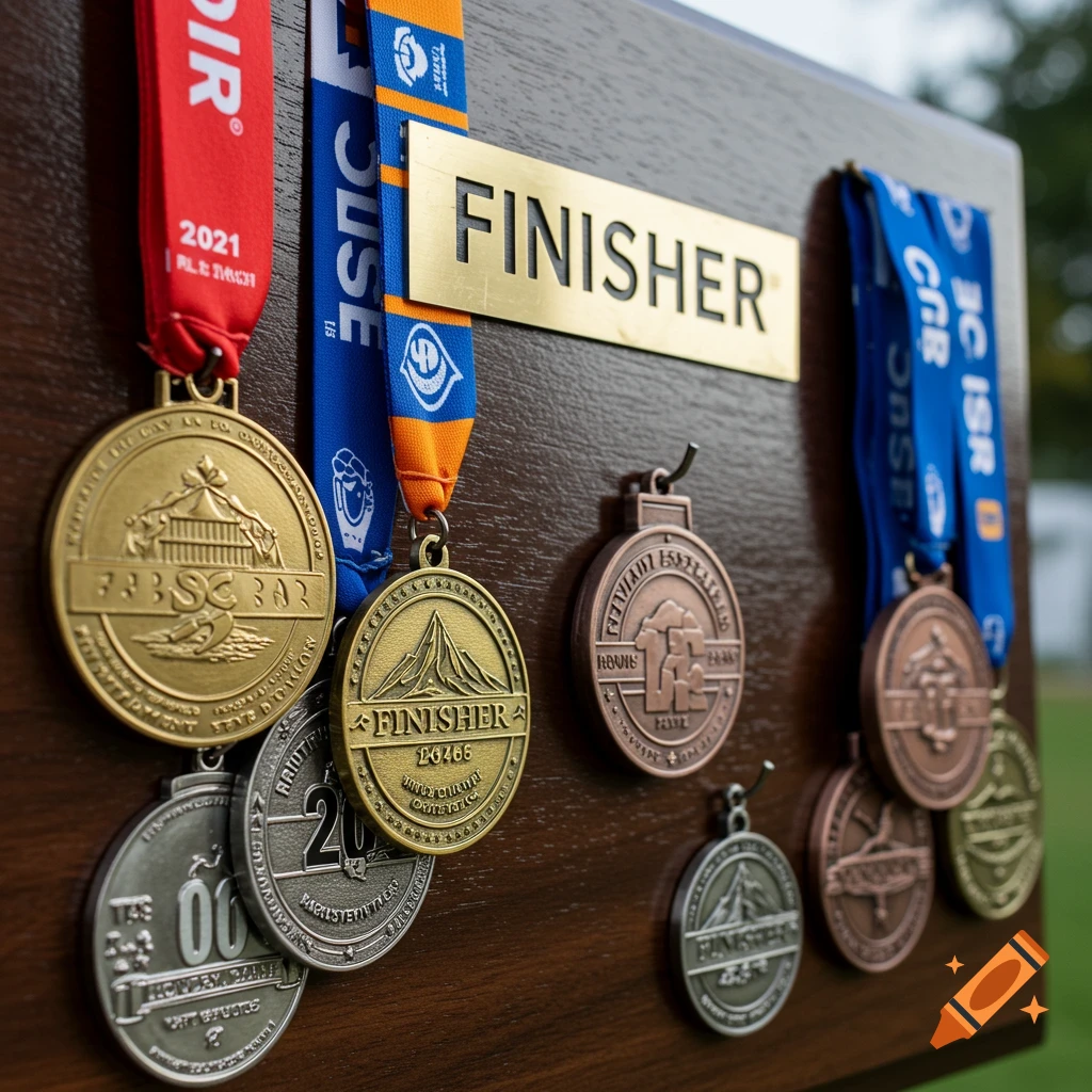 Close-up photo of several race finisher medals hanging on a wooden plaque with a 'FINISHER' sign.