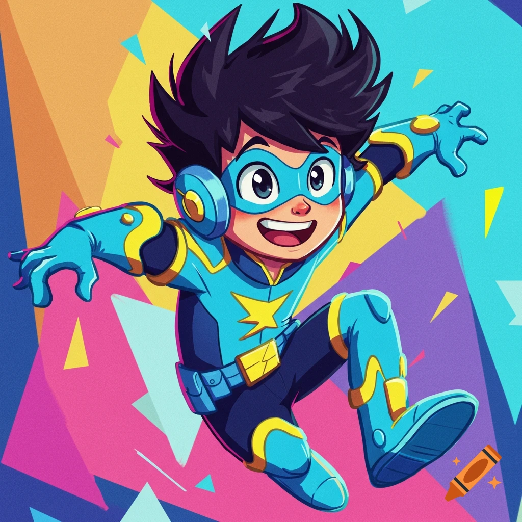 A cartoon of a young superhero in a blue and yellow suit jumping against a colorful background.
