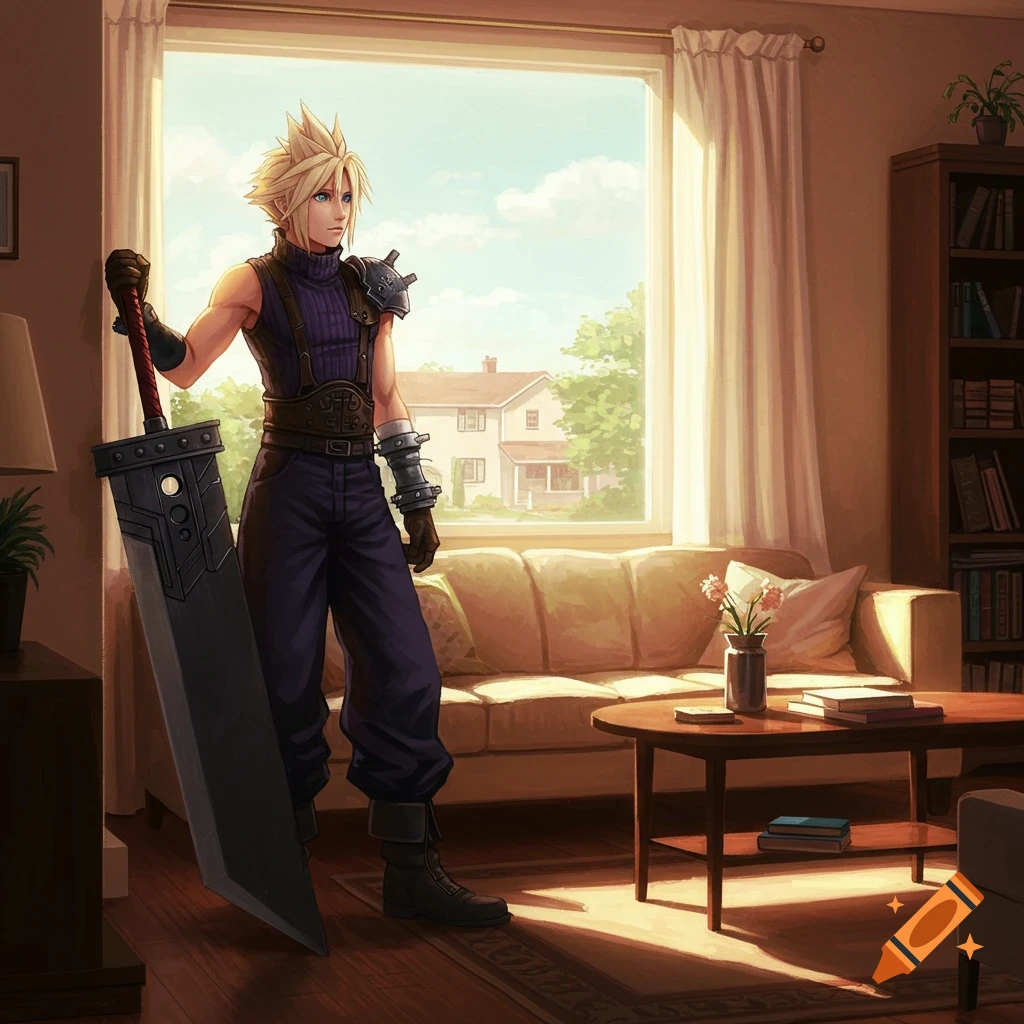 Cloud Strife stands in a sunny living room holding his Buster Sword.