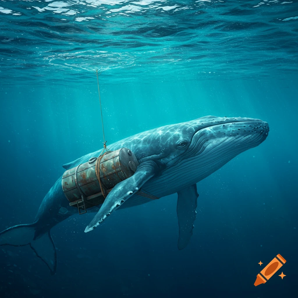 A blue whale swims underwater with a large metal tank strapped to its back, a rope extending towards the surface.
