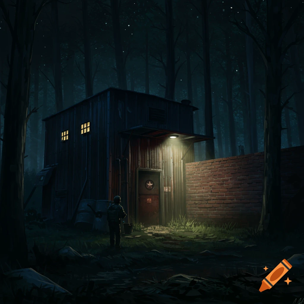 A figure standing near a metal building in a dark forest at night.