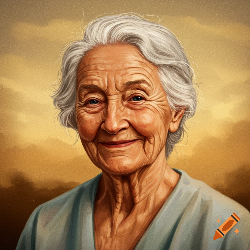 Portrait of an elderly woman with wrinkles, smiling.