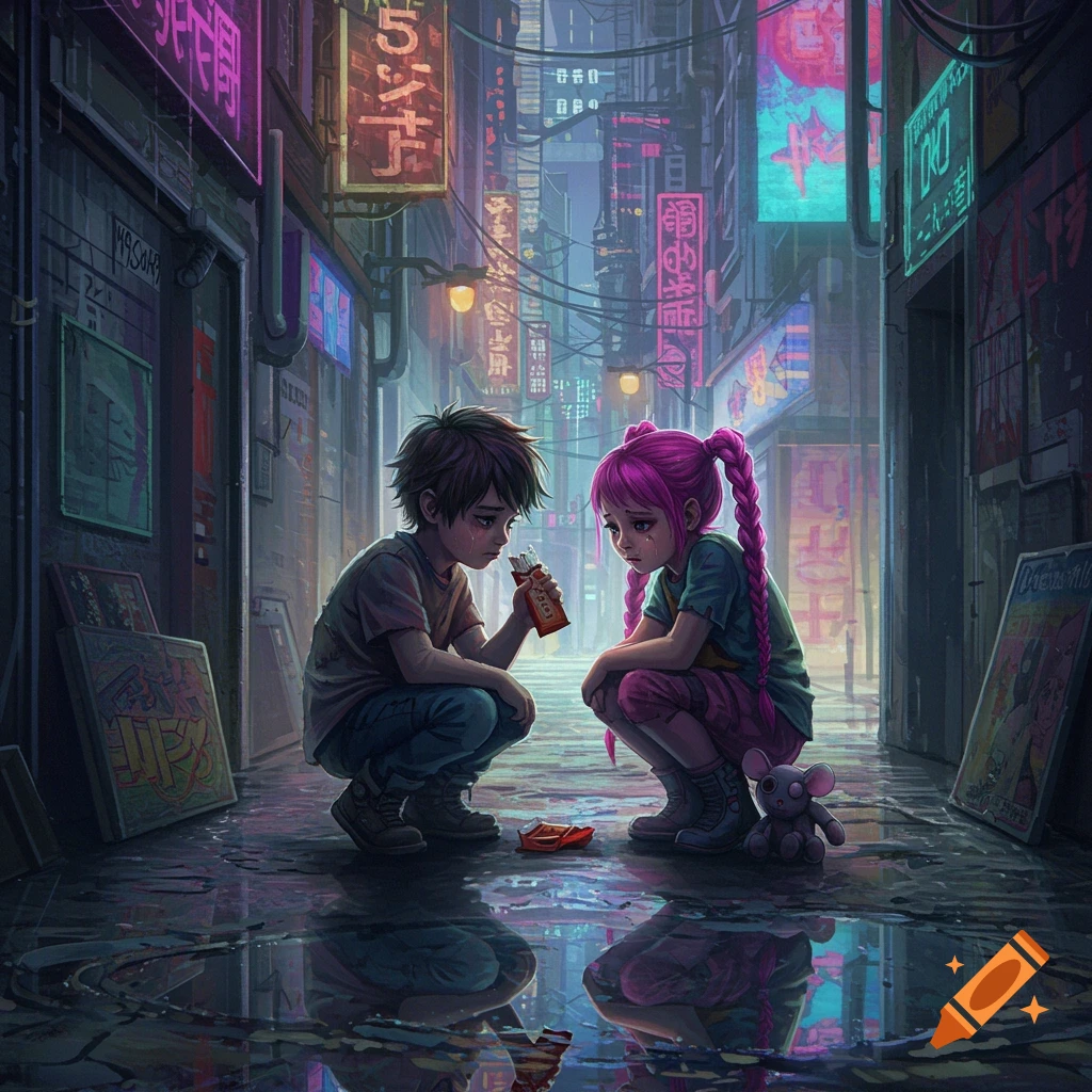 Two sad children in a wet cyberpunk alley sharing food.