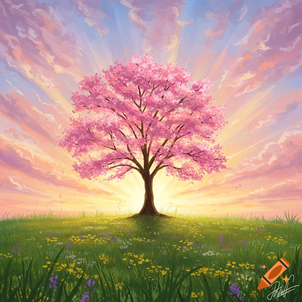 A pink cherry blossom tree stands in a grassy field during a colorful sunrise.