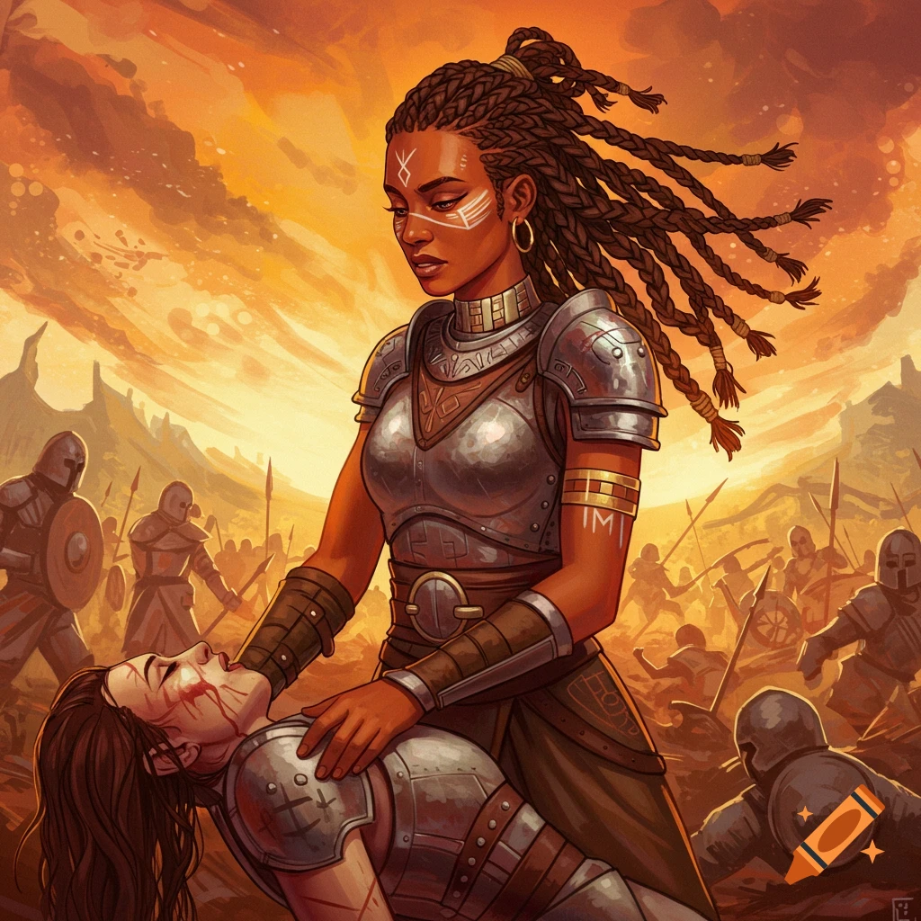 Female warrior in armor cradling an injured person on a battlefield with other soldiers in the background.