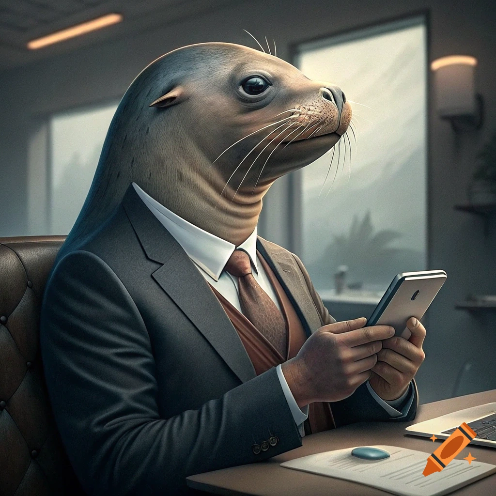 An anthropomorphic sea lion in a suit uses a smartphone at a desk.