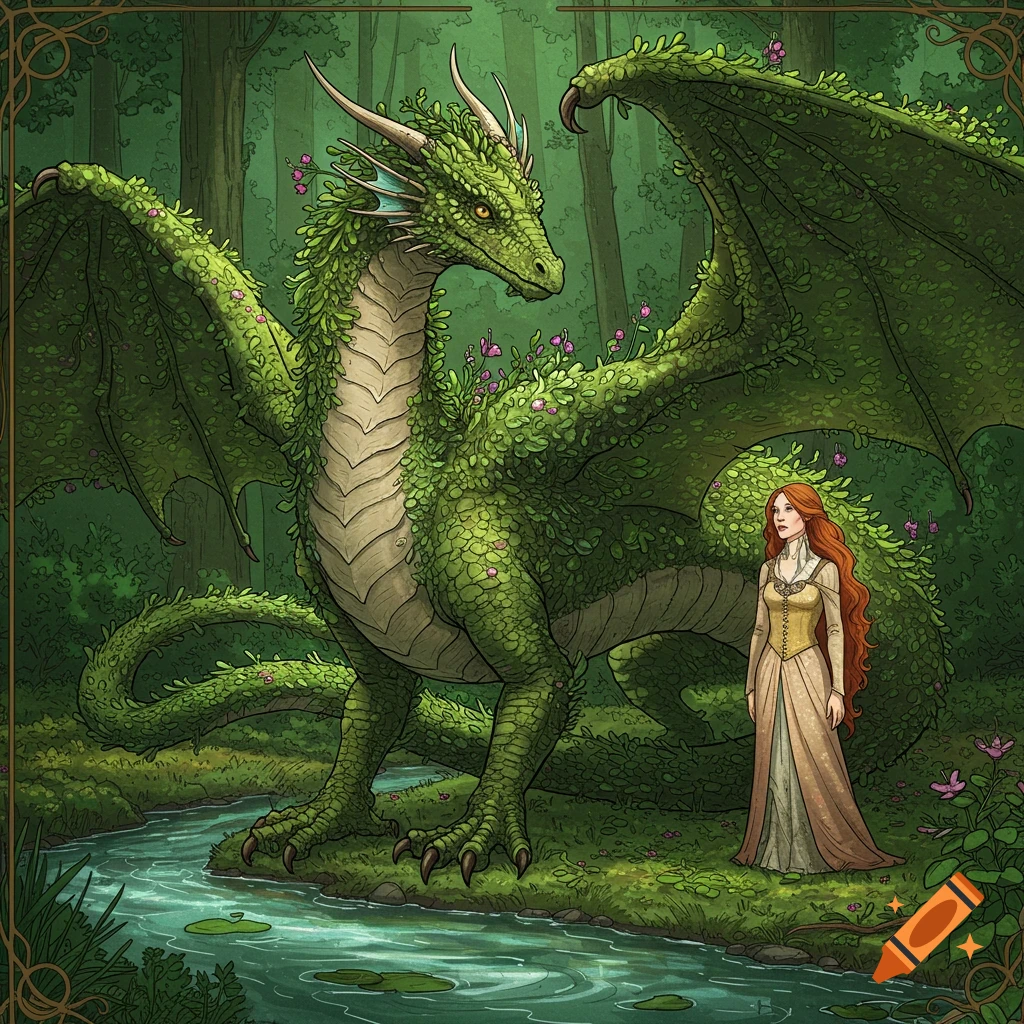 Illustrated fantasy art of a green dragon covered in vines and flowers standing next to a woman with red hair by a forest creek.