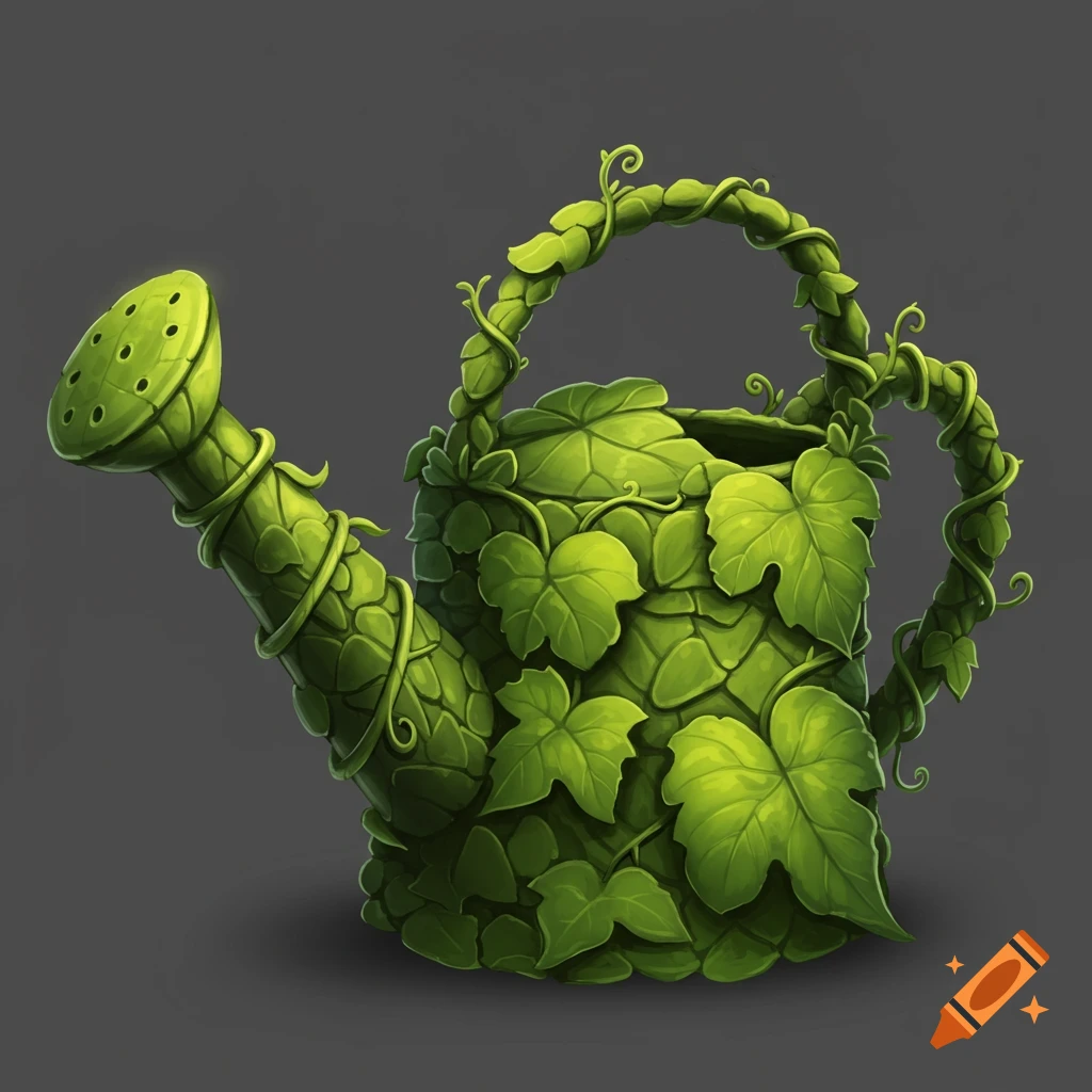 A watering can made of green leaves and vines