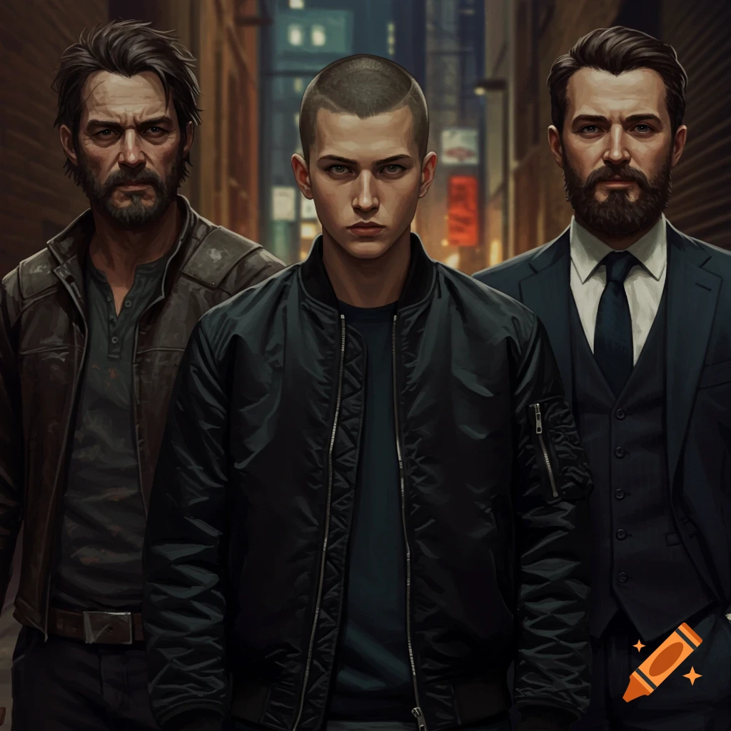 Three men standing in a dark urban alley.