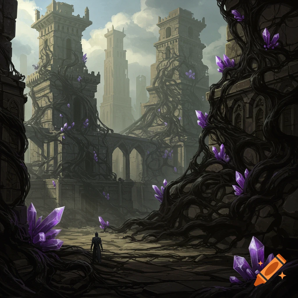 Ancient kingdom ruins covered in dark roots and purple crystals with a lone figure.