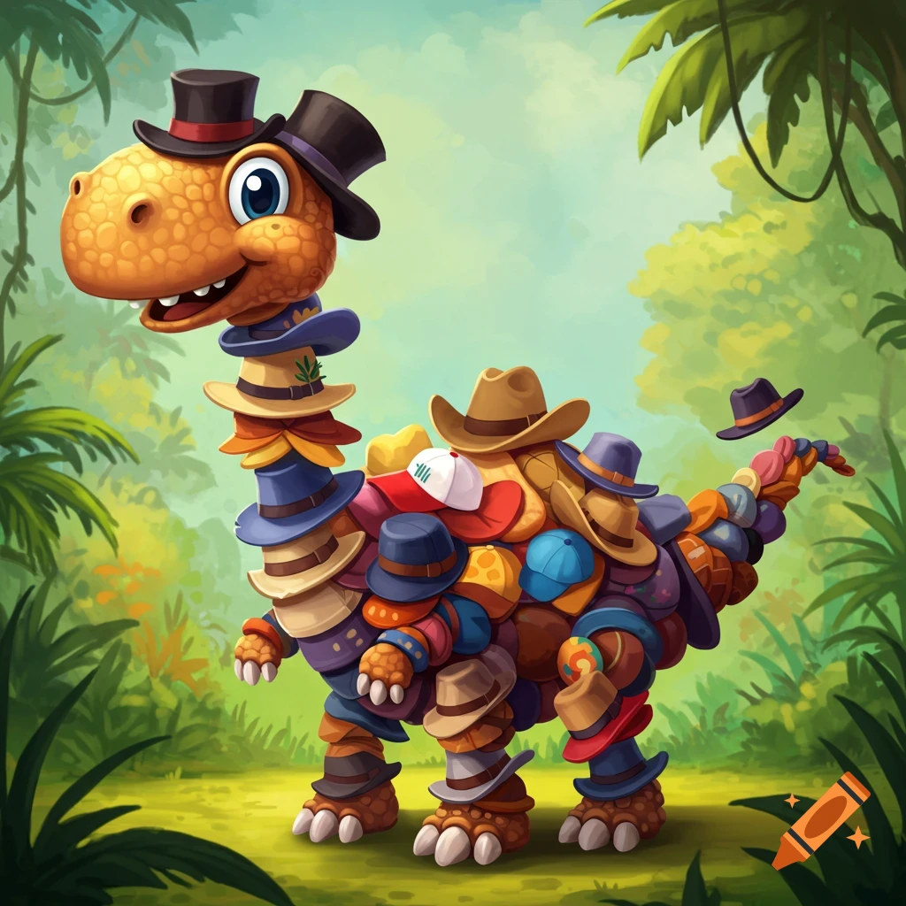 Cartoon dinosaur made of colorful hats in a jungle clearing