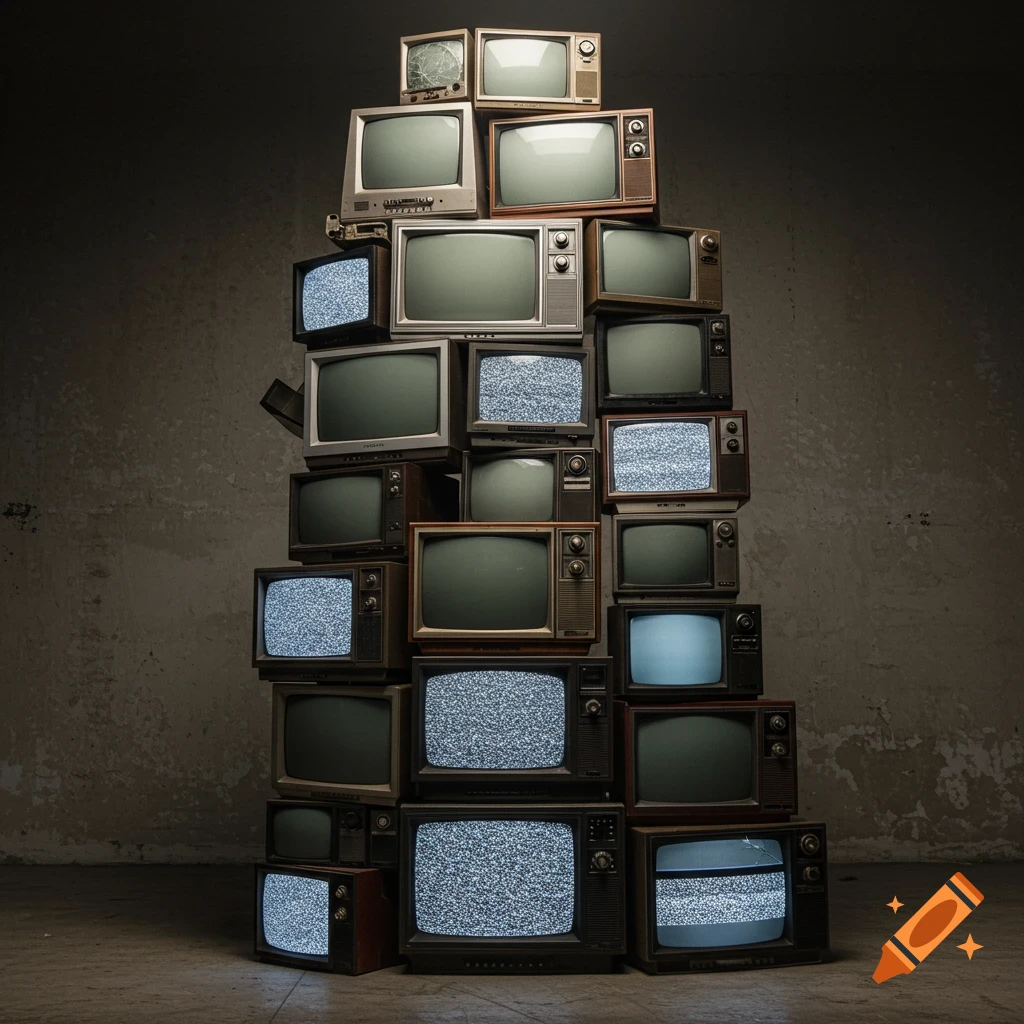 Tall stack of vintage televisions, some screens displaying static