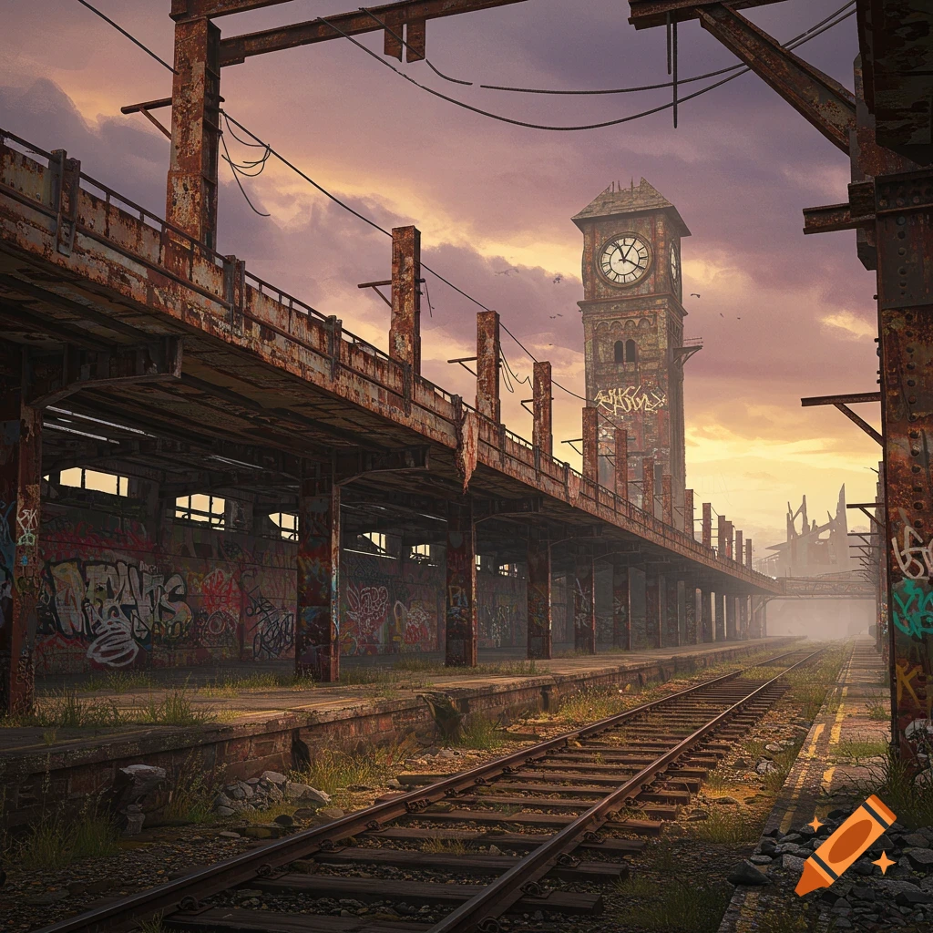 A post-apocalyptic train station with rusty structures, graffiti, and a clock tower under a cloudy sky.