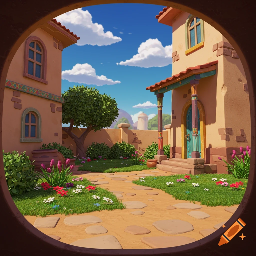 Cartoon view of a courtyard with buildings, path, garden, and tree, seen through a round opening.