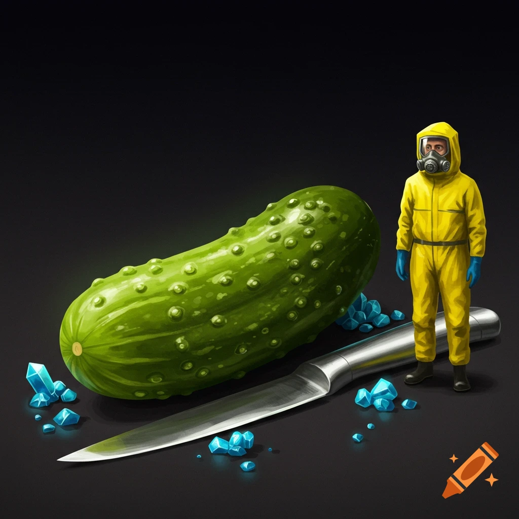 A large green pickle, a silver knife, a man in a yellow hazmat suit, and blue crystals on a black background.
